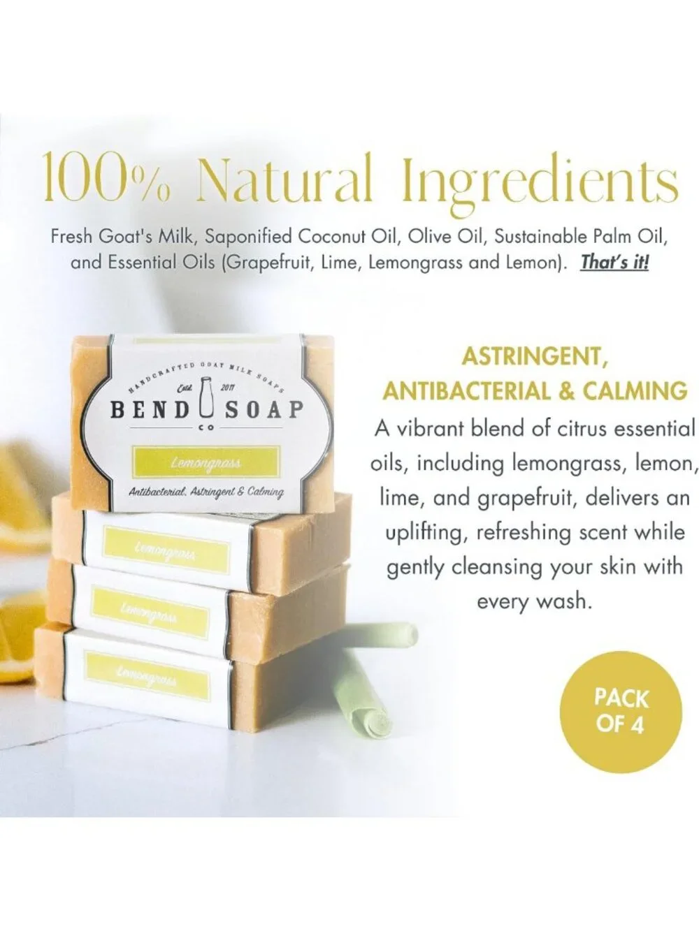 Natural Handmade Goat Milk Soap for Dry Skin Relief - Lemongrass Scent, 4 Pack
